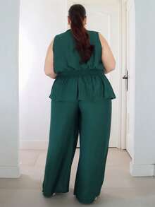 Pretty and Ole Plus Size Women Casual Solid Color Sleeveless Top & Pants 2 Pieces Set,Cardigan With Irregular Hem, Straps, And Wide-Leg Pants,Green,Summer - Dark Green - View 2