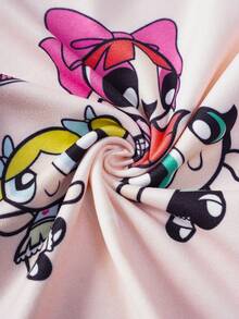 THE POWERPUFF GIRLS X SHEIN 女童卡通印花圆领短袖上衣和裤子休闲家居服套装 - 粉色 - 查看 8
