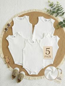 SHEIN Playful Pals 5 Pack Baby Boy Clothes Infant Toddler Boys Outfit Sets Casual Solid Ribbed Knit Sleeveless Romper Bodysuit One Piece Bathing Suit Style Basic White Top Tops Summer Clothes Essentials For Vacation Travel - White - View 8
