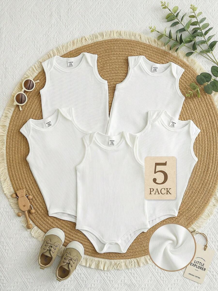 SHEIN Playful Pals Baby Boys 5 Packs White Ribbed Knit Sleeveless Romper Bodysuits Summer - White - View 1