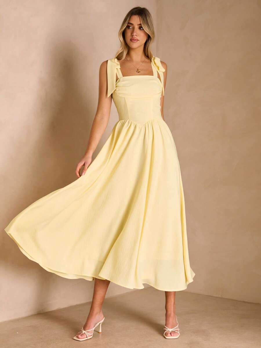 Enchnt Spring/Summer Women's Butter Yellow Bow Tie Strap Maxi Dress,Sweet&Elegant For Vacation&Date&Holiday&,Spring Outfit Women ,Summer - Light Yellow - View 1