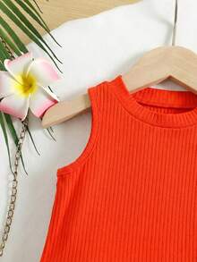 SHEIN 2pcs Baby Girl Knitted Solid Color Casual Top And Ditsy Floral Pants Set Baby Girl Two Pieces Set Girl Tropical Outfit Baby Girl Tropical Vacation Clothes Orange Two Pieces Outfit Hawaiian Outfits, Kids - Multicolor - View 3