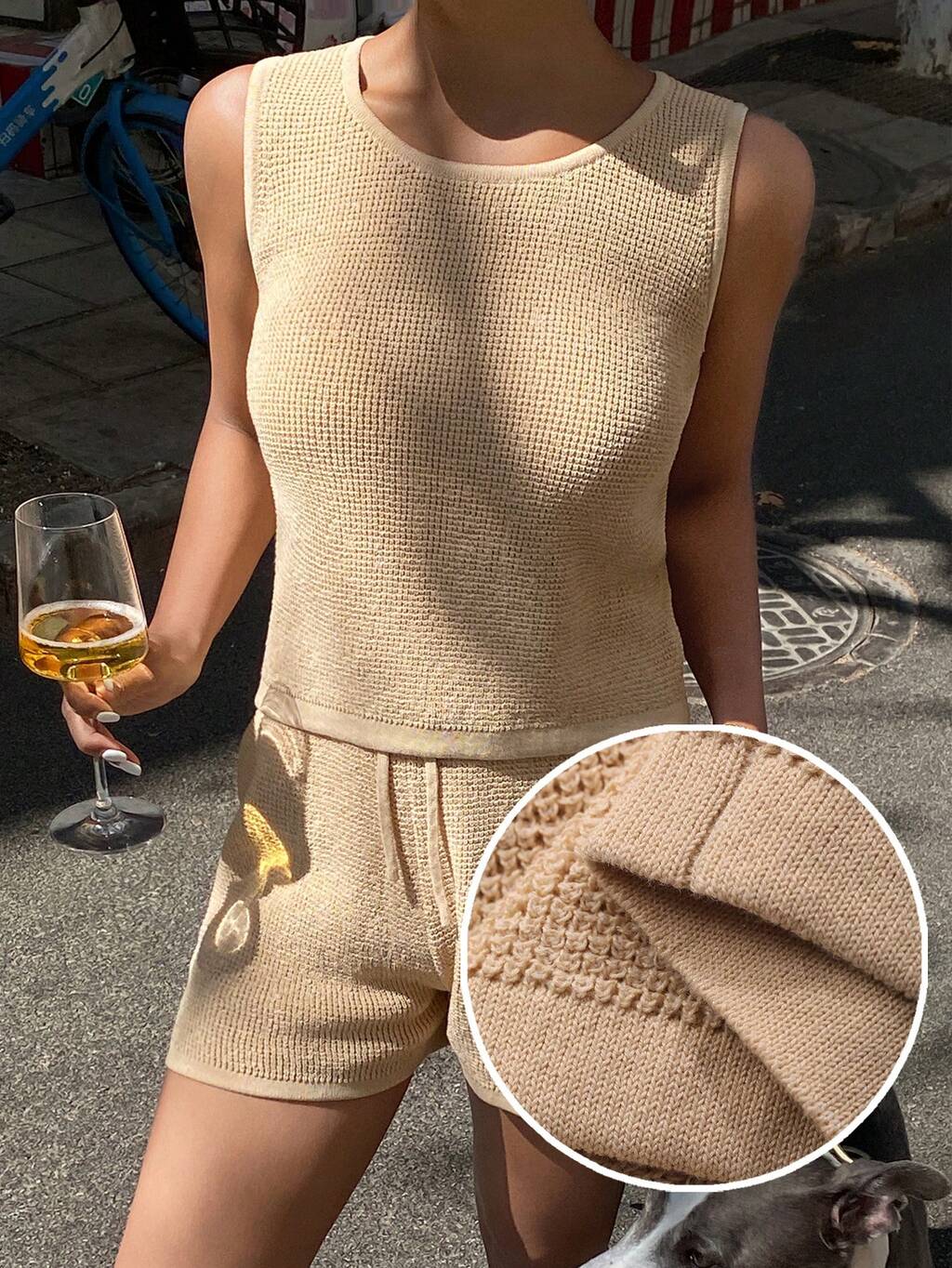 Conjunto de chaleco y shorts de punto casual para mujer, ropa de estar en casa con ajuste relajado