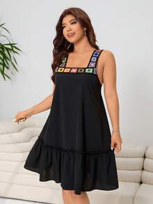 Solflare Spring/Summer New Casual Dress, Suitable For Outings, Daily Casual, Parties, Music Festivals, Back To School, Graduation, Vacation, Streetwear, Loungewear, Sportswear, Yoga, Fitness, Exploring, City Walks, Multi-Occasion Wear, Can Be Worn Outerwear Or Layered, Adjustable Multi-Color Vacation Crochet Webbing Straps, Ruched Ruffle Hem, Loose, Cropped, Black, Plus Size - Multicolor - View 5