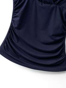 GlowEve Women's Navy V-Neck Short Sleeve Ruched Fitted Summer New Fashionable Versatile Elegant Daily T-Shirt - Navy Blue - View 6