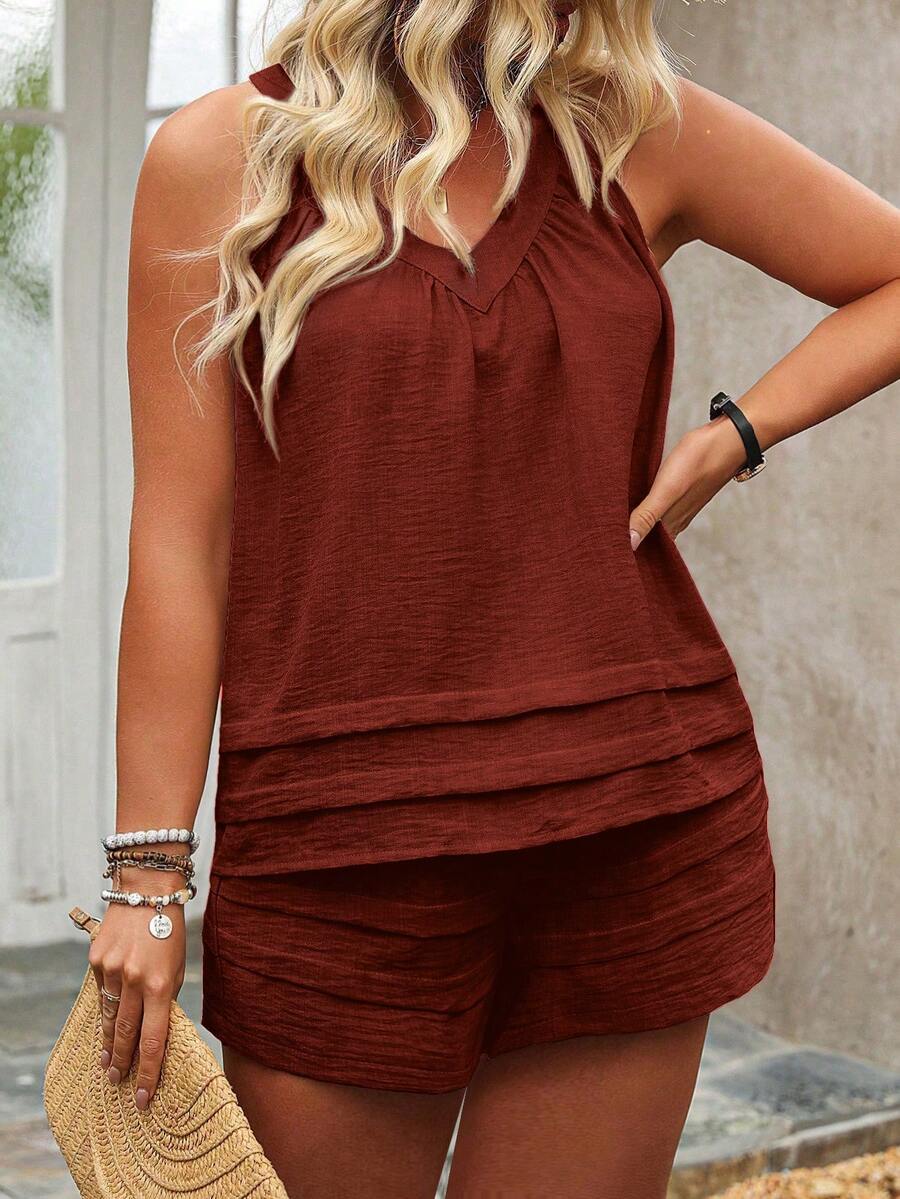 Parysyn 大码度假休闲纯色吊带上衣和短裤两件套 棕色短裤套装 女士短裤套装 女士短裤套装 大码短裤套装 女士短裤套装 女士短裤套装 度假短裤套装 - 紅木色 - 查看 1