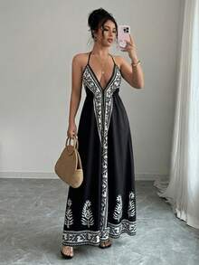 Selianne Váy cổ chữ V sâu in hoa dành cho nữ - màu đen - Xem 5