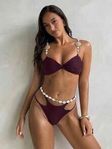 Aloruh 两件套酒红色抹胸泳衣套装，贝壳装饰，适合女士海滩度假穿着，比基尼套装，沙滩装，泳装，女士泳衣，两件套泳衣，女士两件套泳衣 - 酒紅色 - 查看 3