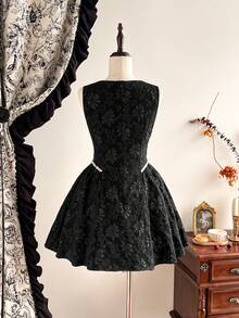 Vintamour Đầm nữ cổ điển thanh lịch, đầm jacquard ôm dáng mùa xuân/hè đính đá, đầm ngắn màu đen dáng xòe. - màu đen - Xem 2