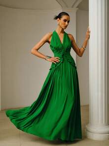 ZEYLAH Elegant Extra Long Ruched Flounce Hem Dress, Spring/Summer - Green - View 5