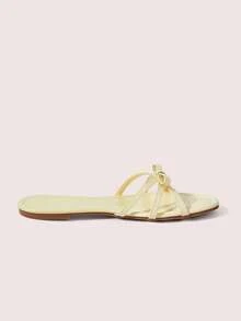 CUCCOO DOLLMOD Sandalias planas cómodas de color amarillo claro para damas, con decoración de lazo en estilo dulce - Macaron albaricoque - Ver 9