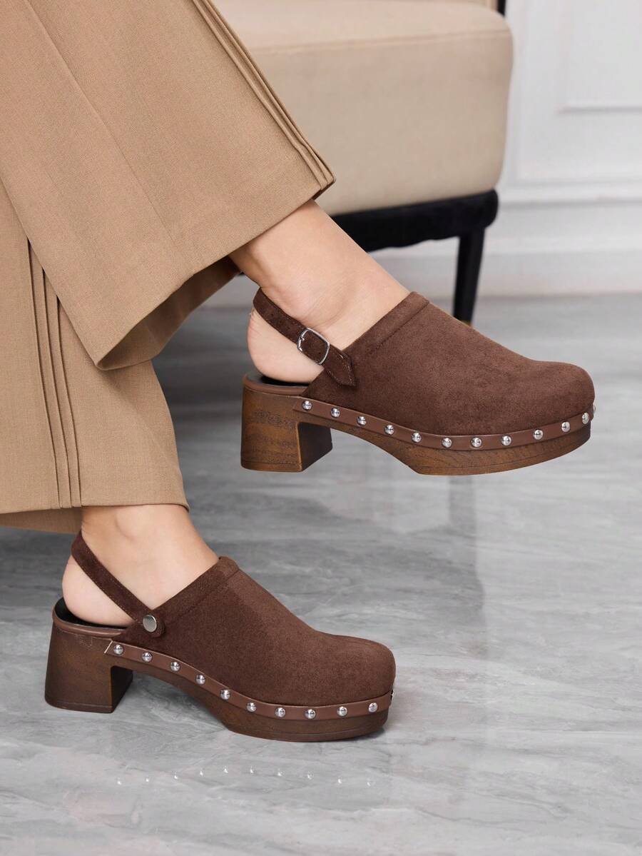 Sleekvia Zapatos de cuña con diseño de hebilla y suela gruesa, versátiles y de moda para uso diario de mujeres - Café integral - Ver 1