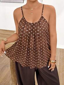 Lounesse Plus Size Summer Casual Polka Dot Print Camisole - Brown - View 4