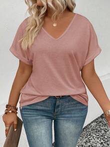 EMERY ROSE Women's V-Neck Short Sleeve Cuffed Casual Versatile Plus Size T-Shirt, Spring/Summer - Pink - View 6