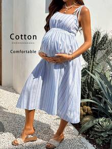 Boho Mama Đầm bầu mùa hè dáng rộng kẻ sọc buộc dây vai - Màu xanh lam - Xem 8