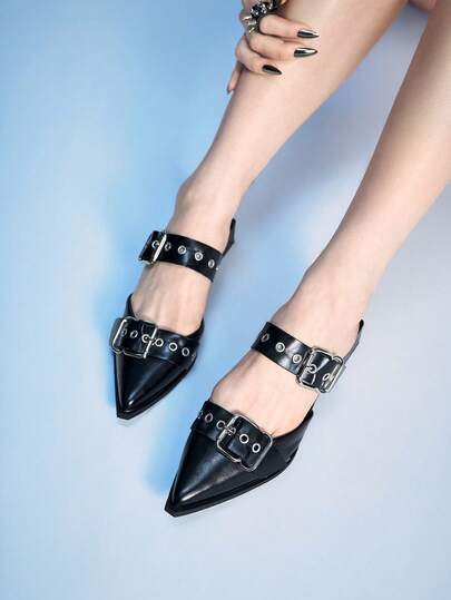 Sugerpunk Women's Flat Shoes Black Closed Toe Mary Jane Small Leather Shoes With Pointed Back Hollow Out For External Wear Low Heeled Formal Work Shoes Leather Upper Sexy Dress Shoes