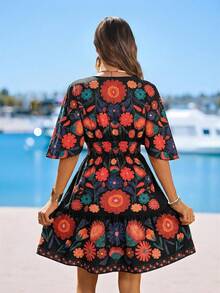 Sylviya V领修身腰部荷叶边下摆A字喇叭袖彩色印花休闲度假优雅短款连衣裙，适合春夏穿着 - 黑色 - 查看 6