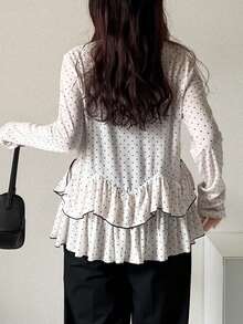 FRIFUL Women's Round Neck Metal Button Decor Hem Layered Ruffle Hem Splice Bodycon Casual T-Shirt - Beige - View 5