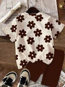 SHEIN Bộ 2 món đồ mặc nhà dễ thương in họa tiết hoa cho bé gái, gồm áo thun cổ tròn tay ngắn và quần legging ôm sát, thích hợp mặc hàng ngày vào mùa xuân/hè, đi nghỉ mát, phong cách Y2K. - Nhiều màu - Xem 3