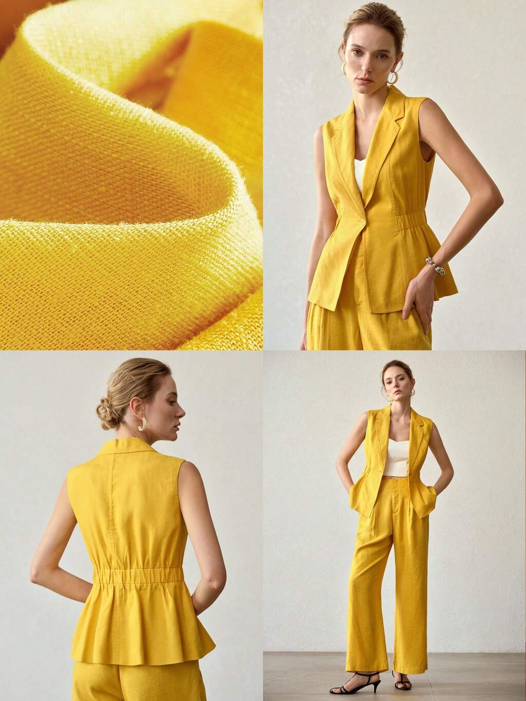 WOMEN'S LEMON YELLOW SINGLE BUTTON WAIST CINCHED ELEGANT OFFICE BLAZER