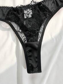 2pcs/Set Embroidered Patchwork Satin 1/2 Cup Removable Transparent Strap Underwire Bra Set - Black - View 9