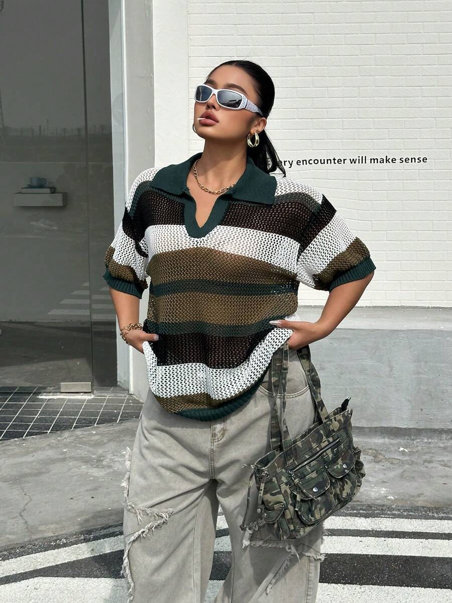 Muchica Plus Size Women Knitted Fashion Turndown Collar Colorful Striped Hollow Out Casual Pullover Sweater, Versatile College Style Top - Multicolor - View 1