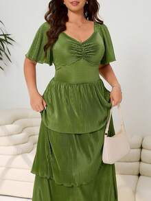 SHEIN EZwear Plus Size Women V-Neck Ruched Waist Elegant Cocktail Party Dress, Spring/Summer - Green - View 6