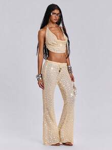 ROMWE Y2K Conjunto de 2 piezas de pantalones sueltos con cuello drapeado decorado con cuentas de madera huecas y lentejuelas, estilo de vacaciones de verano sexy para mujeres - Marrón - Ver 2