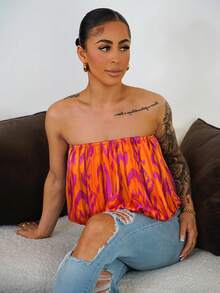 SAYEHFBABY Women Vacation Beach Style Oil Painting Print Chiffon Halter Cropped Top, Spring/Summer - Orange - View 6