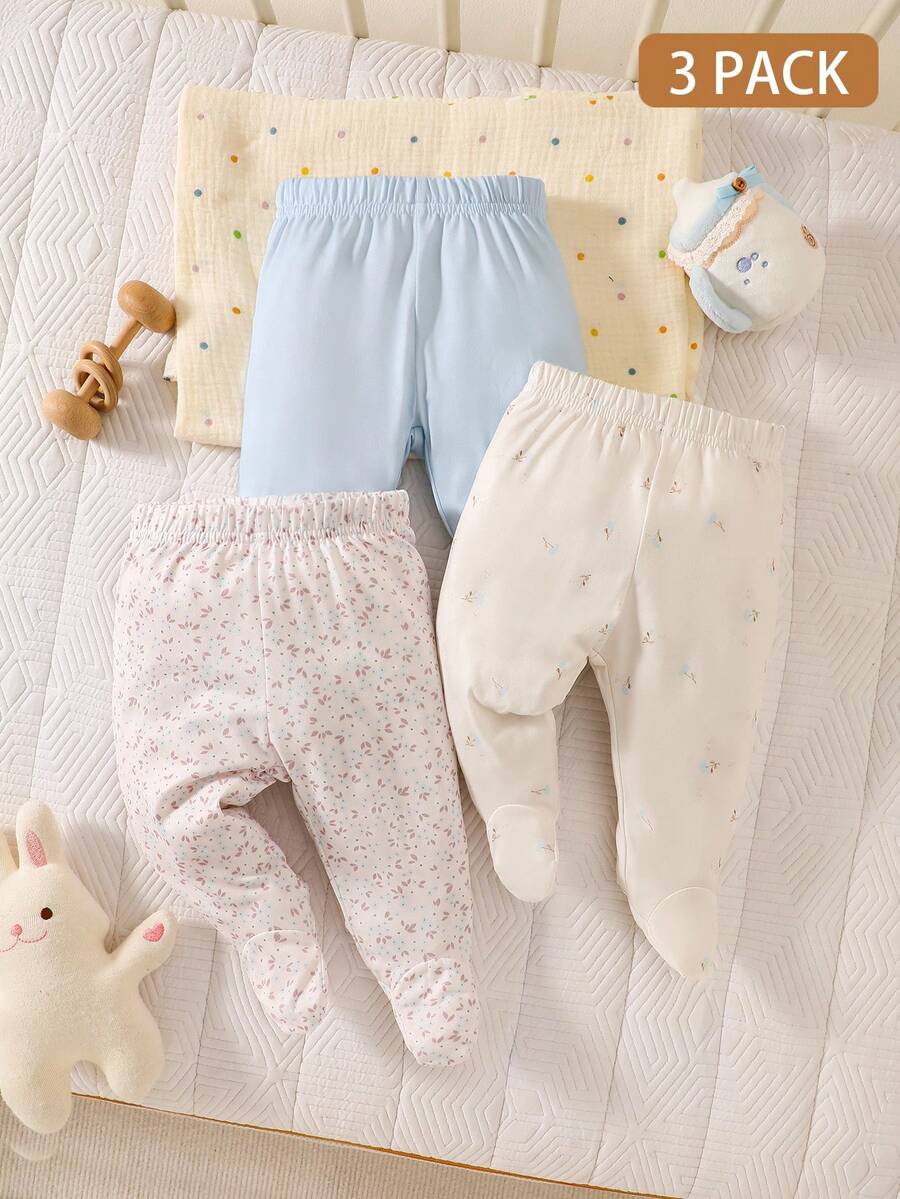 SHEIN 3件套新生儿女宝宝可爱连体裤,纯色+碎花+迷你印花,春秋季婴儿腿套裤套装,新生儿套装,新生儿服装,男女通用,春季新生儿服装,男女通用春季新生儿服装,新生儿服装 - 彩色 - 查看 1