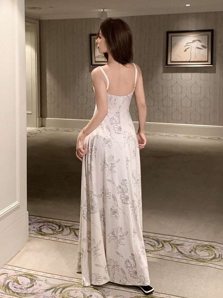 Elegant Line Drawing Floral Print Maxi Slip Dress For Women, Summer