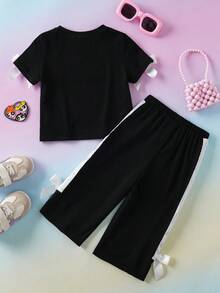 THE POWERPUFF GIRLS X SHEIN 女婴蝴蝶结装饰短袖T恤和裤子套装 - 黑色 - 查看 2