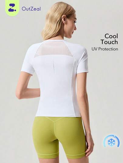 OutZeal Dames sportshirt wit, gym workout, koel aanvoelend, UV-beschermend mesh paneel, korte mouwen, actieve top