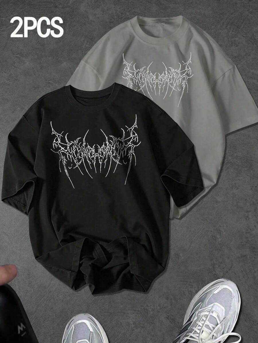 Sport MetroGents paquete de 2 camisetas de manga corta con cuello redondo y estampado de Halloween, de tela, de longitud regular, para gimnasio - Negro - Ver 1