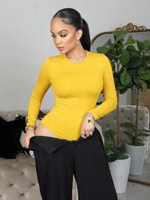 Melissa Matos Solid Slim Fit Spring Women Bodysuit Yellow ,Petite Women - Mustard Yellow - View 3