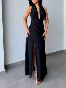 Vassilux 女士深V領無背後頸束縛雪紡連衣裙，適合婚禮、派對和春夏假期 - 黑色 - 查看 6