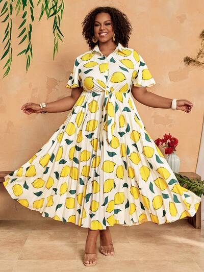 Plus Size Women All-Over Print Ruched Casual Party Dress Women Casual Dresses Women's Summer Dresses Women's Spring Dress Picnic Dresses For Women Women Lemon Print Dress Plus Size Summer Dresses For Women Plus Size Spring Dress