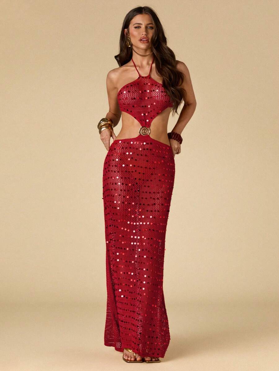 SHEIN BAE Vestido de punto con escote halter y espalda descubierta, estilo de vacaciones en la playa francesa. Vestido midi ajustado minimalista de alta gama para el verano - Rojo - Ver 1