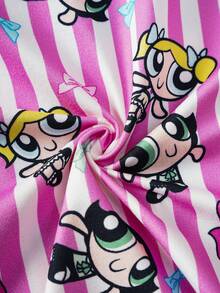 THE POWERPUFF GIRLS X SHEIN 女童条纹卡通印花短袖上衣和短裤休闲家居服套装 - 粉色 - 查看 10