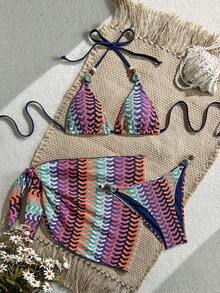 Swim Vcay 女士提花面料露背系带性感比基尼三件套，适合海滩度假，夏季泳装，聚拢泳衣，连体泳衣。 - 彩色 - 查看 4
