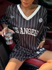 Muchica Women's Casual Striped T-Shirt And Shorts 2 Pieces Set, Summer - Black - View 1
