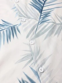 ResortEase 大尺碼男士熱帶植物印花短袖襯衫與短褲海灘套裝，度假款 - 藍色 - 查看 5