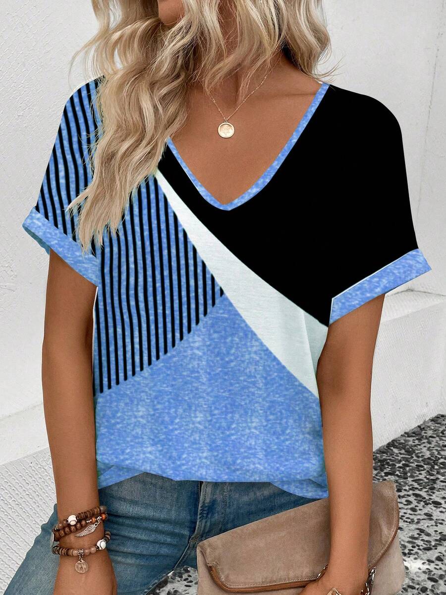 EMERY ROSE New Women's Fashion Printed Graphic Color Block V-Neck Short Sleeve Loose T-Shirt - Multicolor - View 1