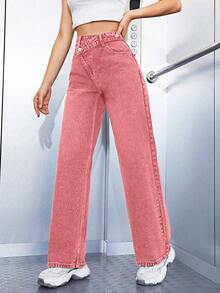 SHEIN ICON 女士不对称腰袋直筒宽松休闲百搭牛仔裤 - 粉色 - 查看 4