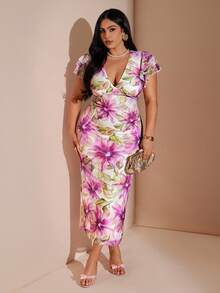 SHEIN BAE 大码女式印花针织网纱长款连衣裙，V领喇叭袖 - 彩色 - 查看 3