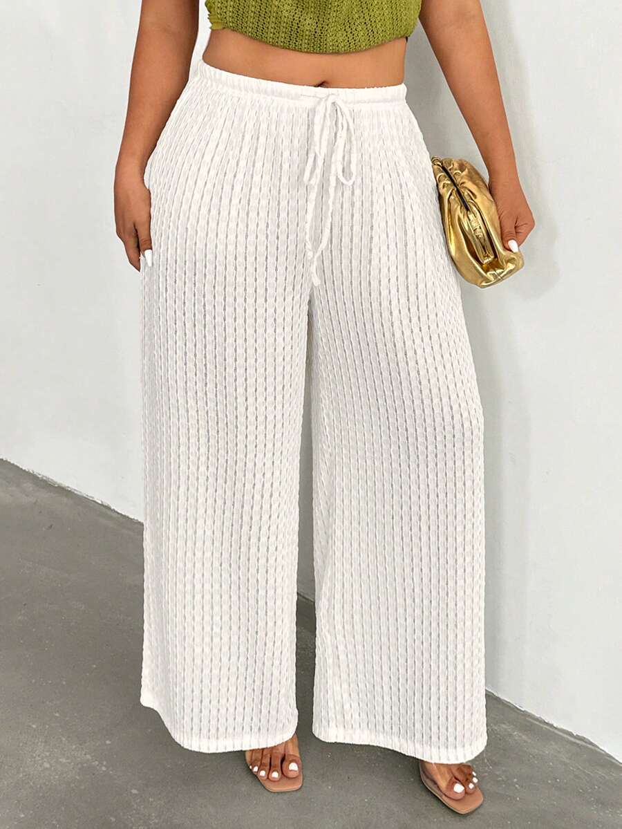 Firerie Plus Size Casual Solid Color Wide Leg Pants - Apricot - View 1