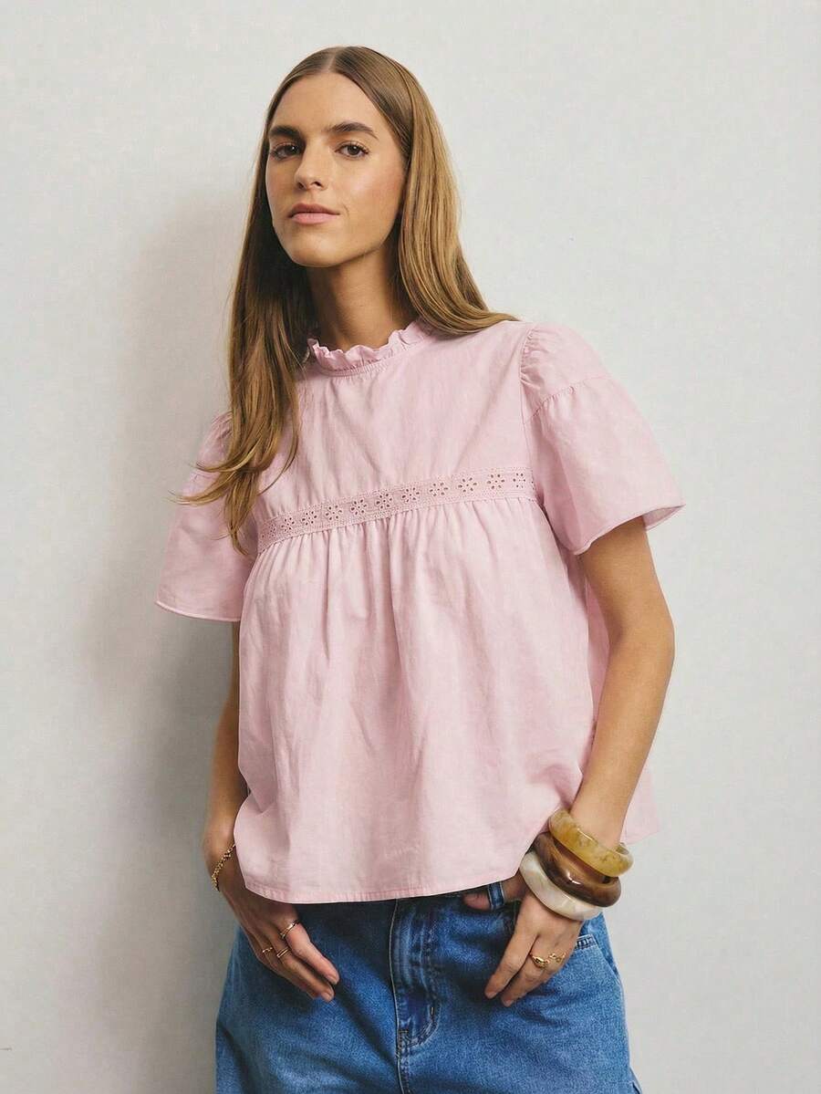 Aralina Women's Solid Color Ruffled Collar Loose Fashionable Elegant Resort Style Blouse Pink Babydoll Top Smocked Top Pink Ruffle Top Summer Shirts Woman - Baby Pink - View 1