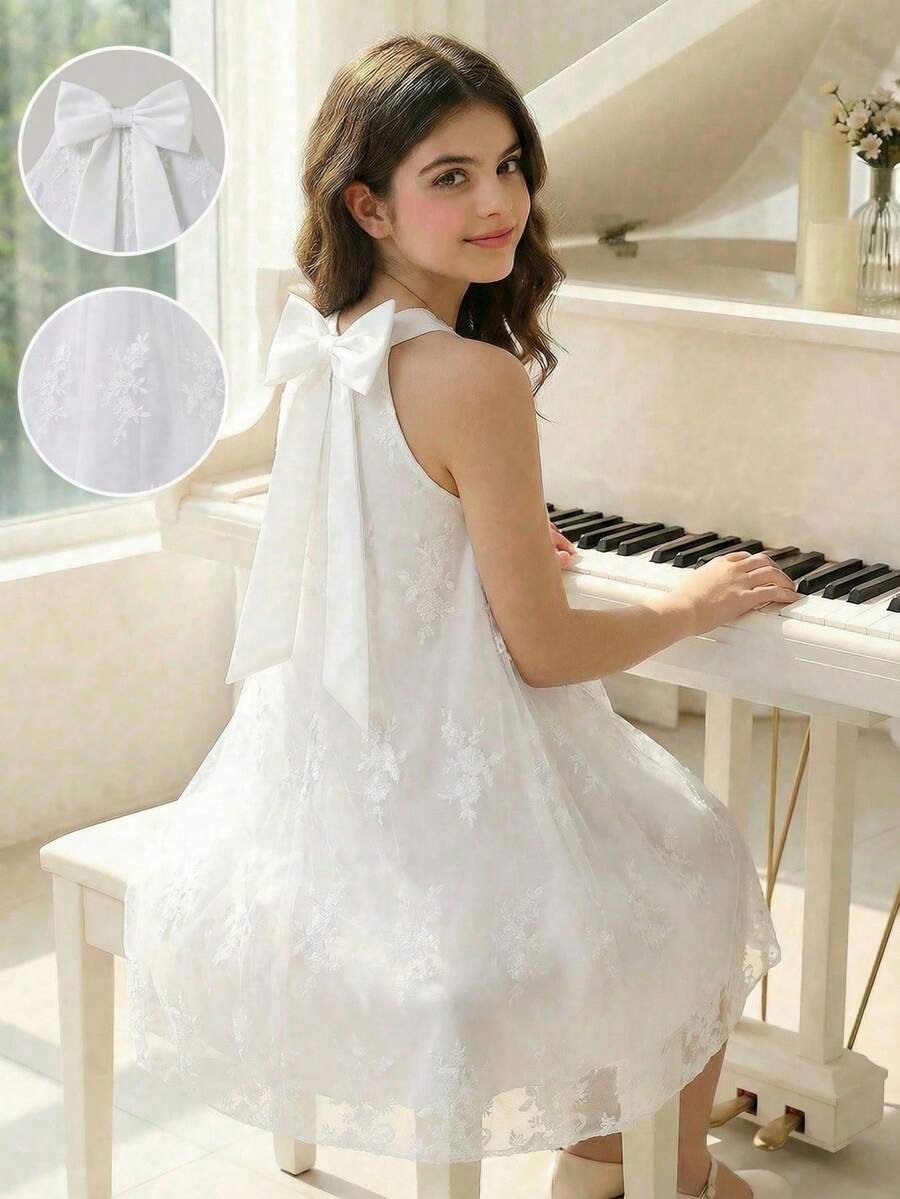 SHEIN 优雅少女连衣裙，可爱公主裙，杏色立领，精致刺绣花卉装饰，无袖A字廓形，华丽公主裙