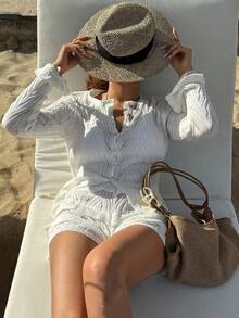 Nevyona White Casual Rib-Knit Sweater Co-Ords For Women Semi-Sheer Long Sleeve Plain Regular Length Loungewear Set - White - View 5