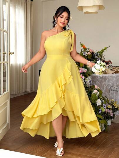 Elenzga Plus Size Women's Elegant A-Line Dress With Tie Waist And Ruffle Hem Decoration, Yellow Dress For Party, Date, Commute, Spring/Summer, Waist Slimming A-Line Silhouette, Elegant Lady Top, New Year Dress, Middle East Long Dress, Graduation, Holiday, Valentine's Day, Music Festival, Mother's Day, Halloween, Thanksgiving, Easter, National Day, Ball, Date Party, Wedding Season, Outdoor Activities